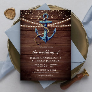 Rustikale Holznavyblau Ankernautische Hochzeit  Einladung