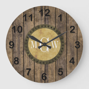 Rustikale Holzoptik-Planken #1 Steampunk 3 Monogra Große Wanduhr