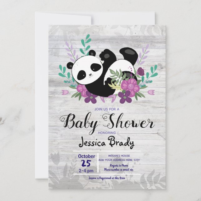Rustikale Holzpanda mit violett blühender Babydusc Einladung (Vorderseite)