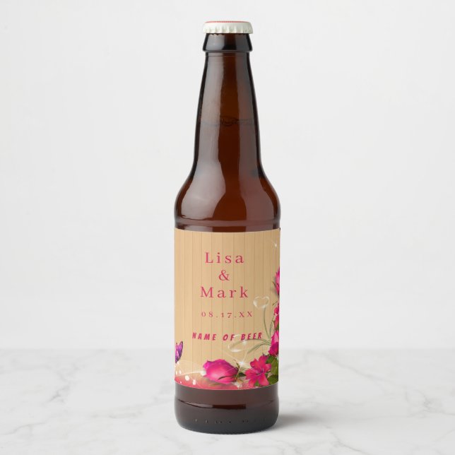 Rustikale Holzpink-Blütenschmetterlingshochzeit Bierflaschenetikett (Vorderseite)