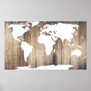Rustikale Holzplanken Weiße Weltkarte Poster