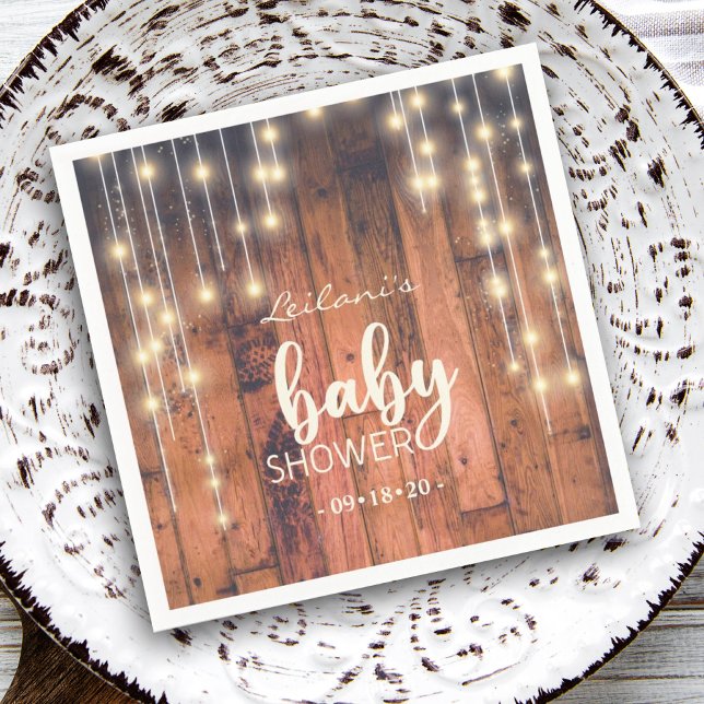 Rustikale Holzsäulenleuchte Kinderdusche Serviette (Rustic wood string lights baby shower napkin is a perfect touch to your celebration.)