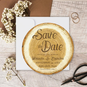 Rustikale Holzscheibe Hochzeit Save-the-Date-Karte Einladung