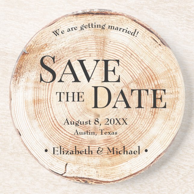 Rustikale Holzscheibe Save the Date Personalisiert Getränkeuntersetzer (Vorne)