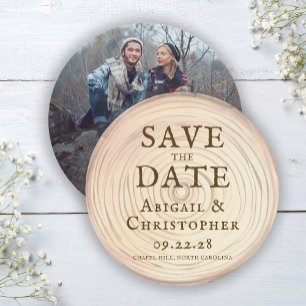 Rustikale Holzscheiben-Foto-Hochzeit Save The Date