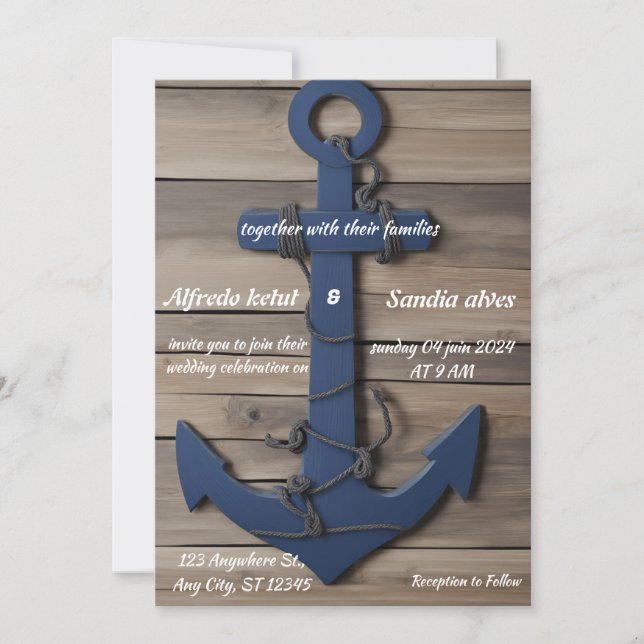 Rustikale Holzschifffahrt Navy Anchor Nautical Wed Einladung (Vorderseite)