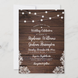 Rustikale Holzschnitt-Lichter & Spitzen-Hochzeit Einladung