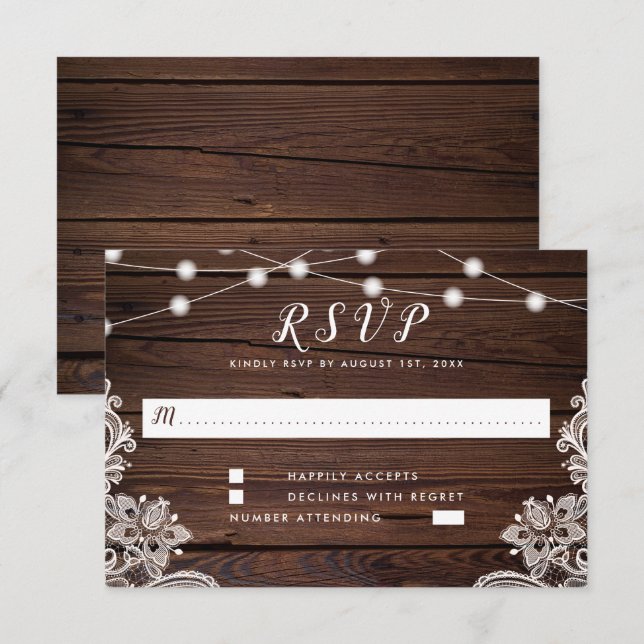 Rustikale Holzschnitt-Lichter & Spitzen-Hochzeit RSVP Karte (Vorne/Hinten)