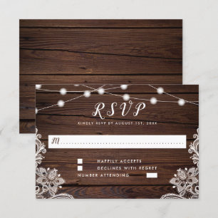 Rustikale Holzschnitt-Lichter & Spitzen-Hochzeit RSVP Karte
