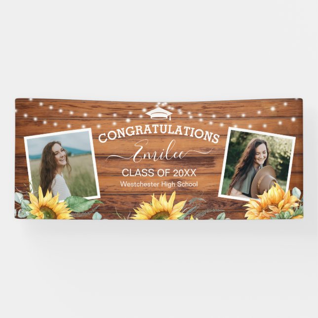 Rustikale Holzsonnenblume Zwei-Foto-Abschluss Banner (Horizontal)