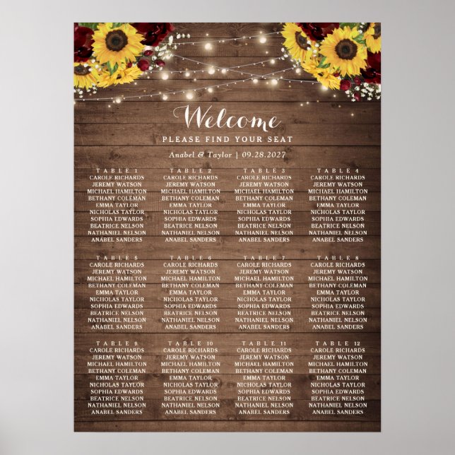 Rustikale Holzsonnenblumen Burgundy Seating Chart Poster (Vorne)