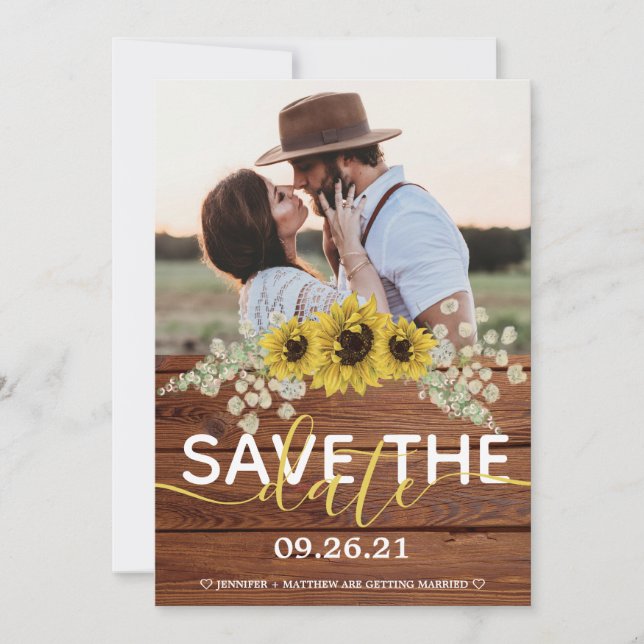 Rustikale Holzsonnenblumen Save the Date Ankündigung (Vorderseite)
