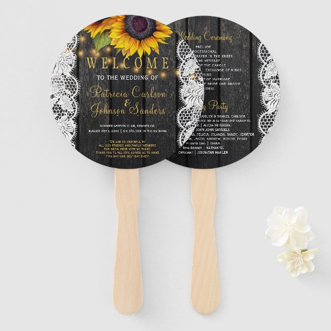 Rustikale Holzsonnenblumen, weiße Spitzen Hochzeit Fächer (Vorne und Hinten)