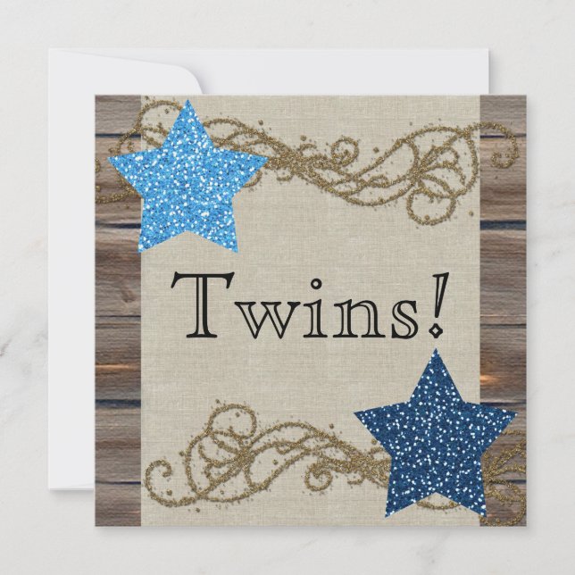 Rustikale Holzstars Twin Boy Baby Dusche Einladung (Vorderseite)
