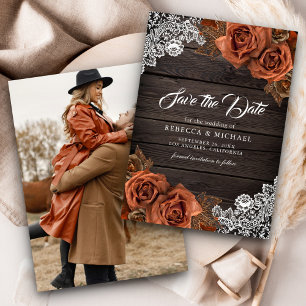 Rustikale Holzstaub Terrakotta-Rosen-Hochzeitsfoto Save The Date