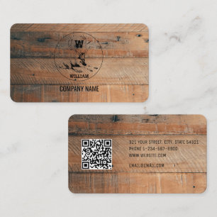 Rustikale Holzstruktur & Hirsch-Monogramm-QR-Code Visitenkarte