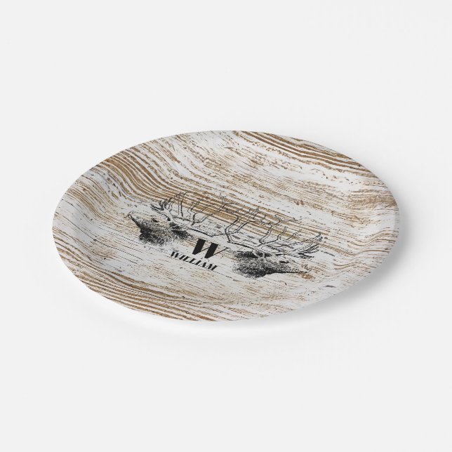 Rustikale Holzstruktur-Hirsch-Wald-Monogramm Pappteller (Schrägansicht)