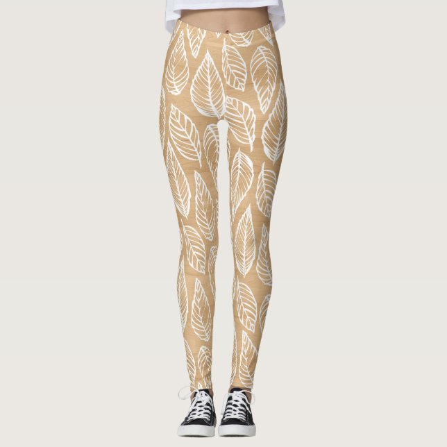 Rustikale Holzstruktur mit weißem Blätter Muster Leggings (Vorderseite)
