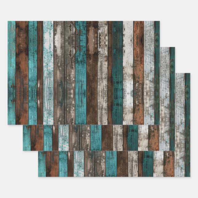 Rustikale Holztextur Aquamarin und braun dekoupage Geschenkpapier Set (Set)