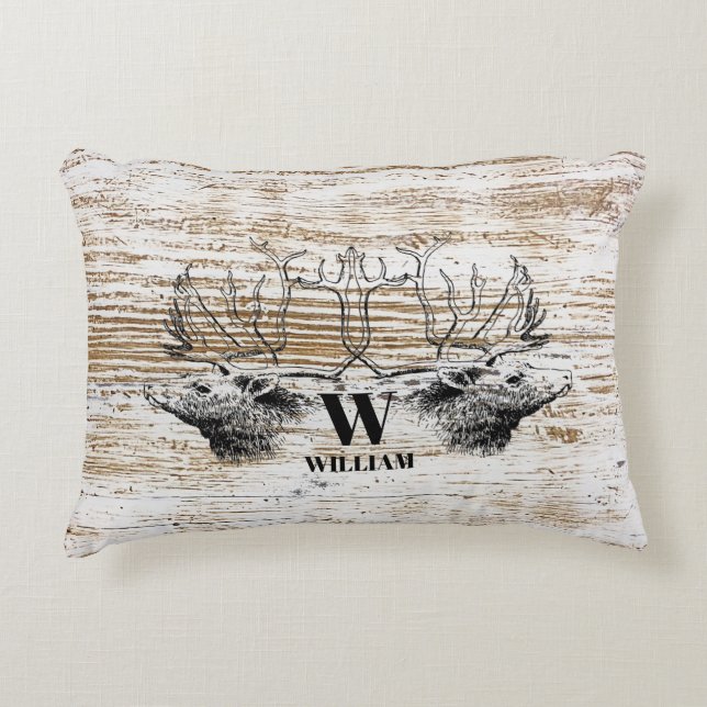 Rustikale Holztextur Hirschbaum Monogramm Dekokissen (Vorderseite)