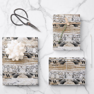 Rustikale Holztextur Hirschbaum Monogramm Geschenkpapier Set