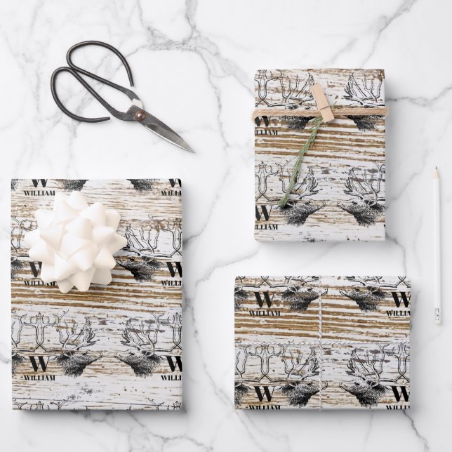Rustikale Holztextur Hirschbaum Monogramm Geschenkpapier Set (Vorderseite)