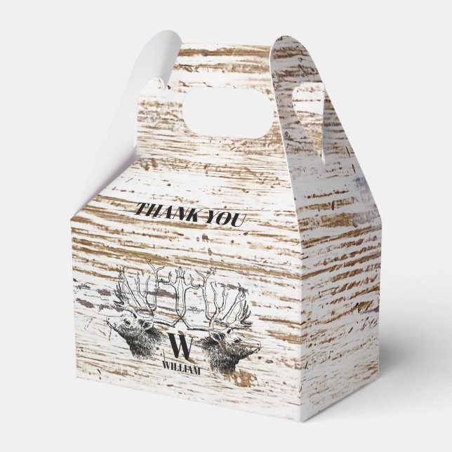 Rustikale Holztextur Hirschbaum Monogramm Geschenkschachtel (Vorderseite)