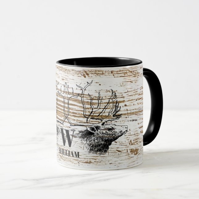 Rustikale Holztextur Hirschbaum Monogramm Tasse (VorderseiteRechts)