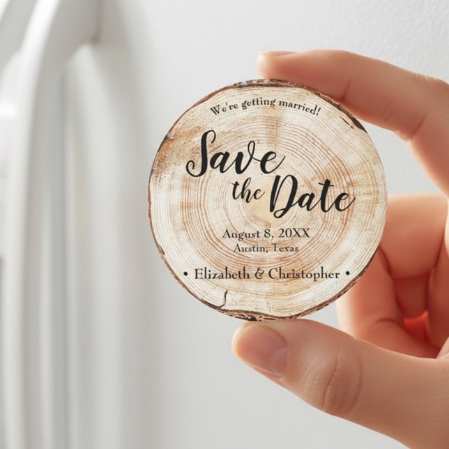 Rustikale HolzWedding Speichern Sie das Datum Pers Magnet (Save the date rustic wedding wood cut slice print 3 inches in size template.)