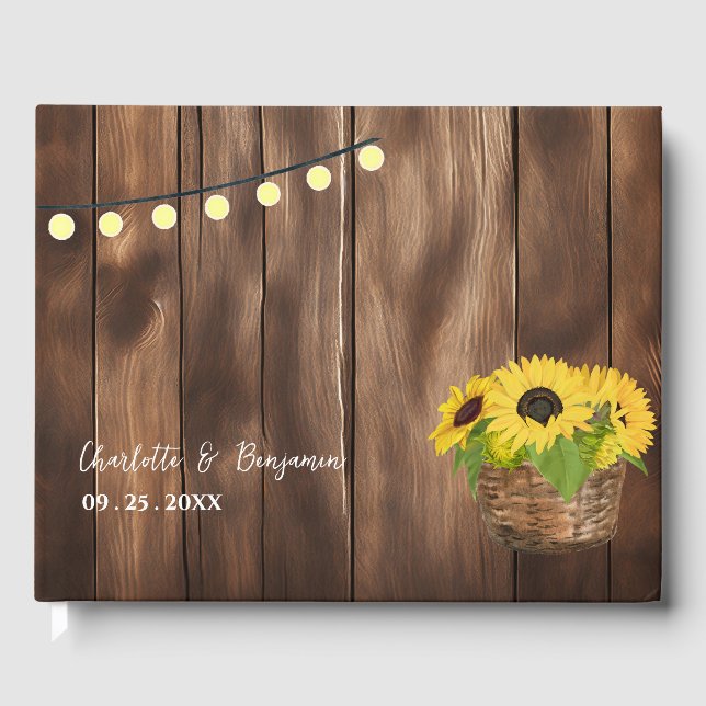 Rustikale Holzwinkernlampen Sonnenblumen Hochzeit Gästebuch (Vorderseite)