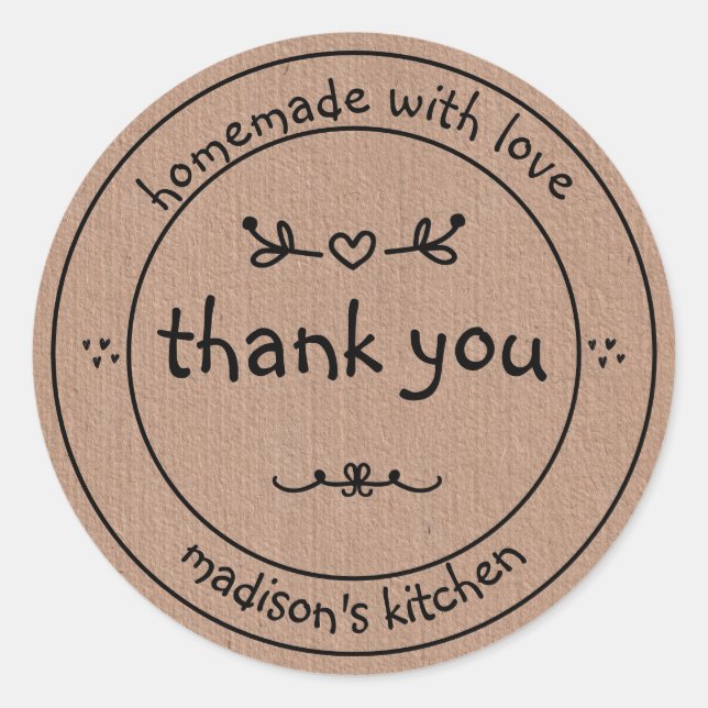 Rustikale Homemade mit Liebe Kraft Paper Danke Runder Aufkleber (Vorderseite)