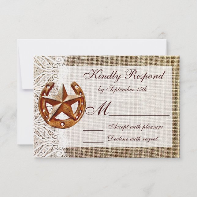 Rustikale Horseshoe Star Burlap Wedding RSVP Cards (Vorderseite)