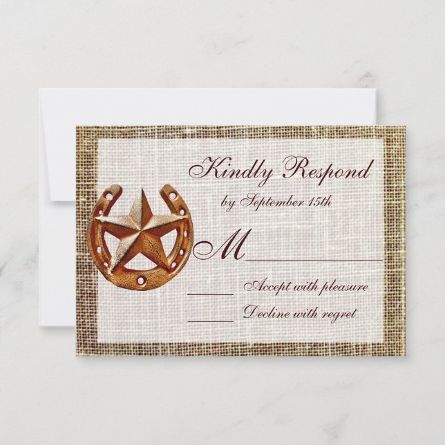 Rustikale Horseshoe Star Burlap Wedding RSVP Cards Karte (Vorderseite)