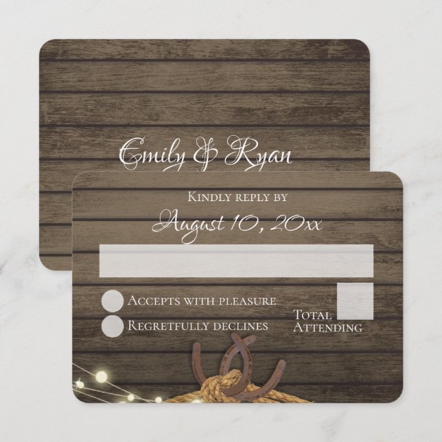 Rustikale Horseshoes Barn Wood Lights Wedding RSVP Einladung (Vorne/Hinten)