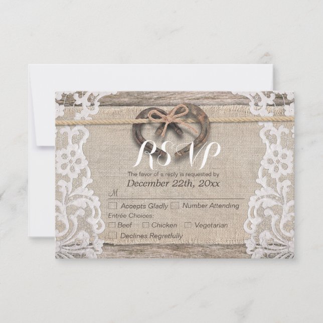Rustikale Horseshoes Burlap Lace Wedding RSVP Antw (Vorderseite)