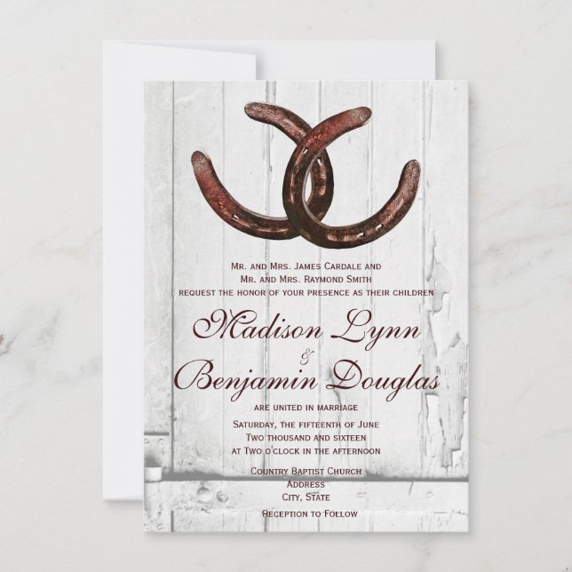 Rustikale Horseshoes Land Wood Wedding Einladungen (Vorderseite)
