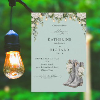 Rustikale Hortensien & Cowboy-Stiefel Hochzeit Einladung