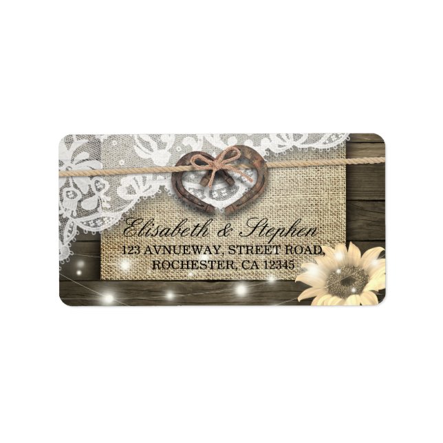 Rustikale Hufeisen Burlap Lace Sonnenblumen Hochze Adressaufkleber (Vorne)