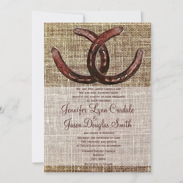 Rustikale Hufeisen Burlap Print Wedding Einladunge Einladung (Vorderseite)