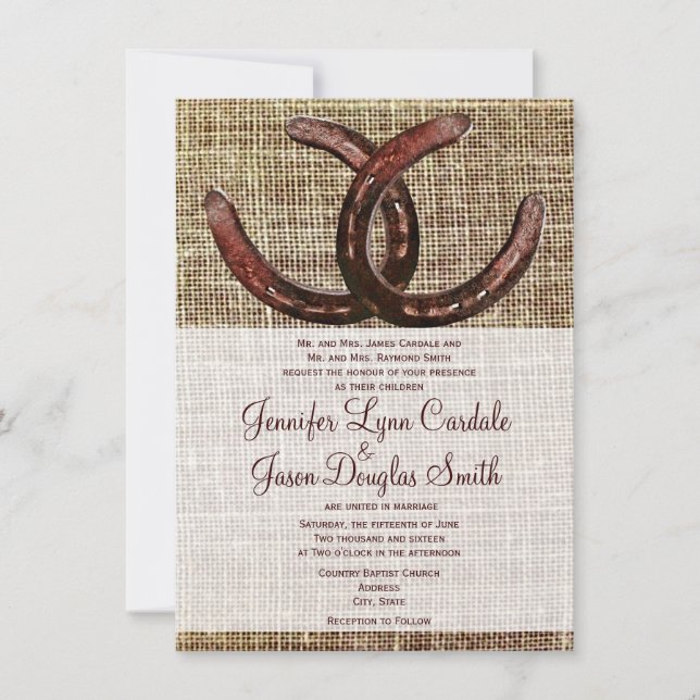 Rustikale Hufeisen Burlap Print Wedding Einladunge Einladung (Vorderseite)