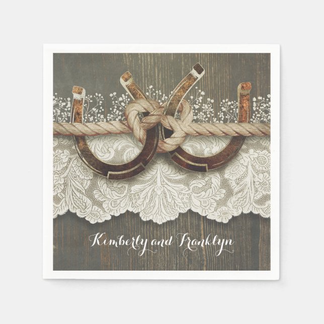 Rustikale Hufeisen Lace Wood Wedding Serviette (Vorderseite)