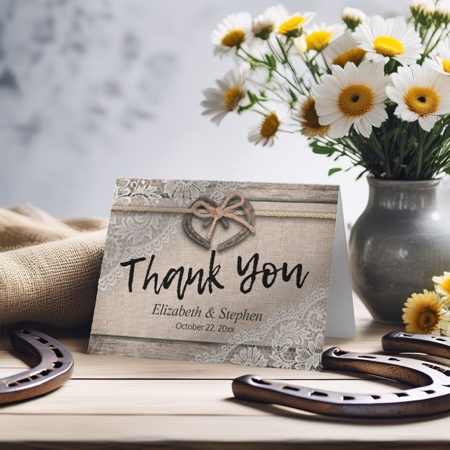 Rustikale Hufeisen-Leinwand-Spitze-Hochzeit danken Dankeskarte (Von Creator hochgeladen)