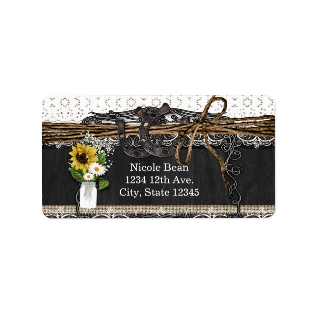 Rustikale Hufeisen und Blume - Hochzeitstempel Adressaufkleber (Vorne)