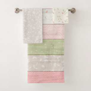 Rustikale Hütte Grün und Rosa Blumenholz Chic Badhandtuch Set