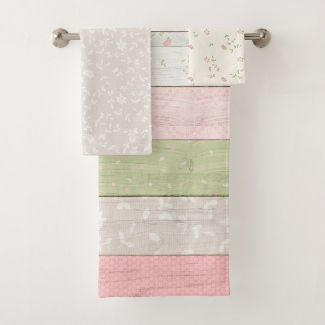 Rustikale Hütte Grün und Rosa Blumenholz Chic Badhandtuch Set (Insitu)