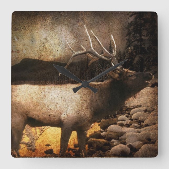Rustikale Hütte Hütte Waldelke Quadratische Wanduhr (Vorderseite)