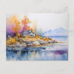 Rustikale Hütte Sonnenuntergang See Alcohol Ink Ku Postkarte