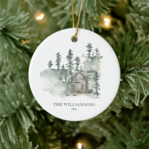 Rustikale Hütte Waldgrün Personalisiertes Weihnach Keramik Ornament
