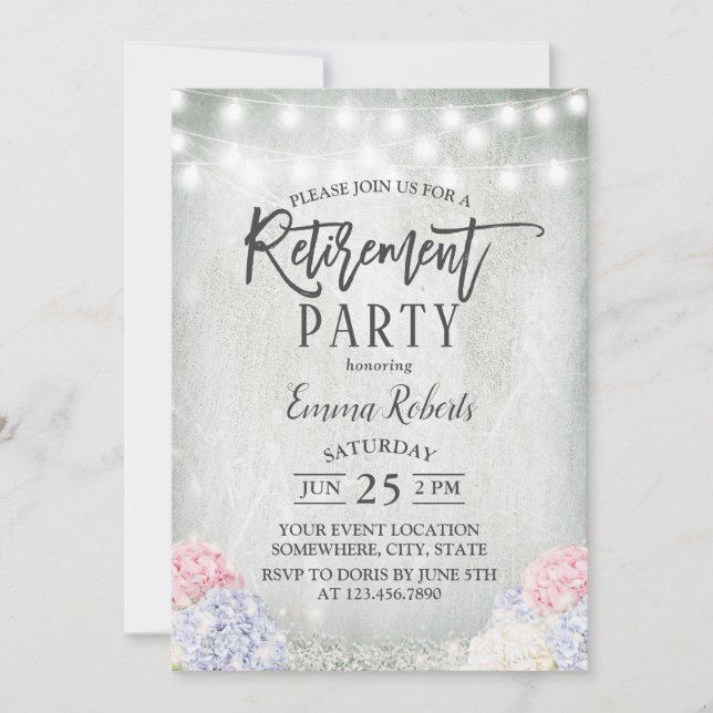 Rustikale Hydrangeas florale String Lights Retirem Einladung (Vorderseite)