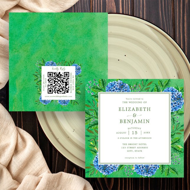 Rustikale Hydrangeas Hochzeitsempfehlung mit QR-Co Einladung (Front / Back)